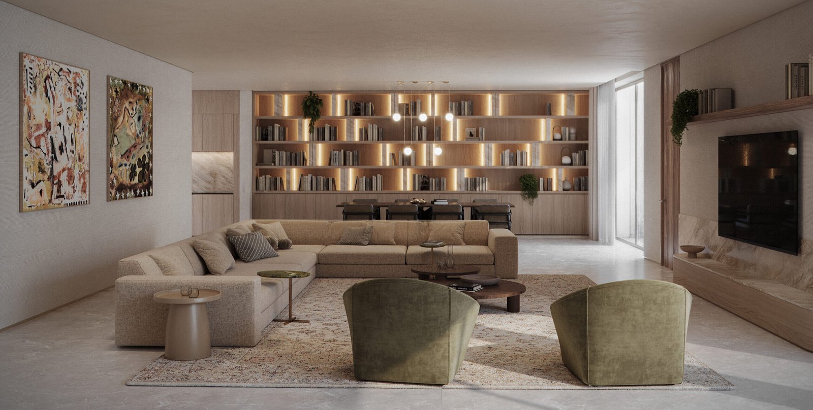 Sahra Residence private library with custom shelving and soft architectural lighting