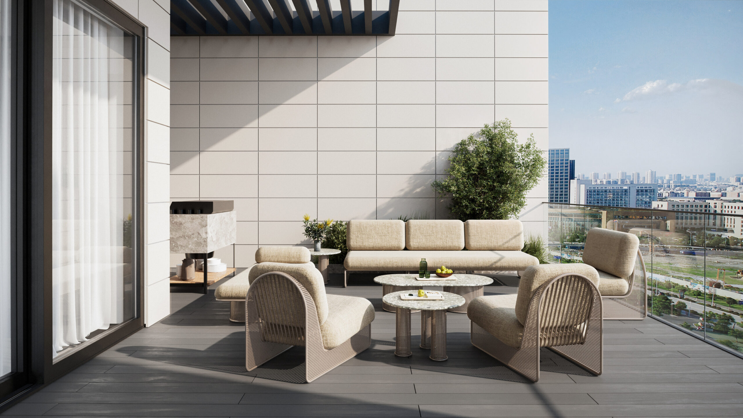 City terrace seating with warm outdoor textures in Kuwait