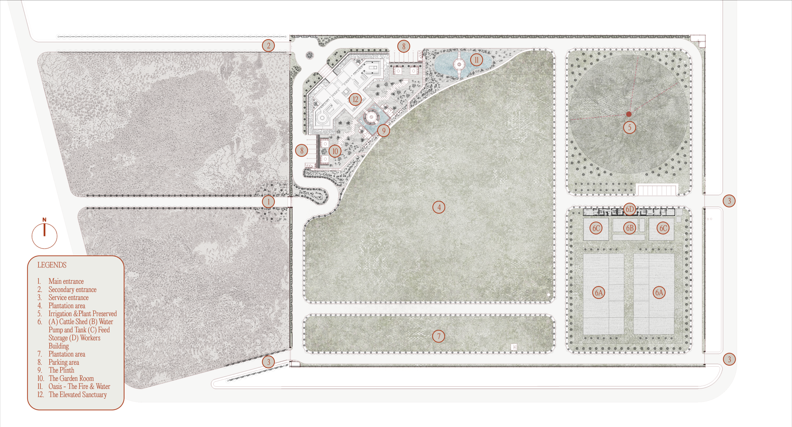 Palms Farm landscape masterplan showing dry planting, paths and oasis zones