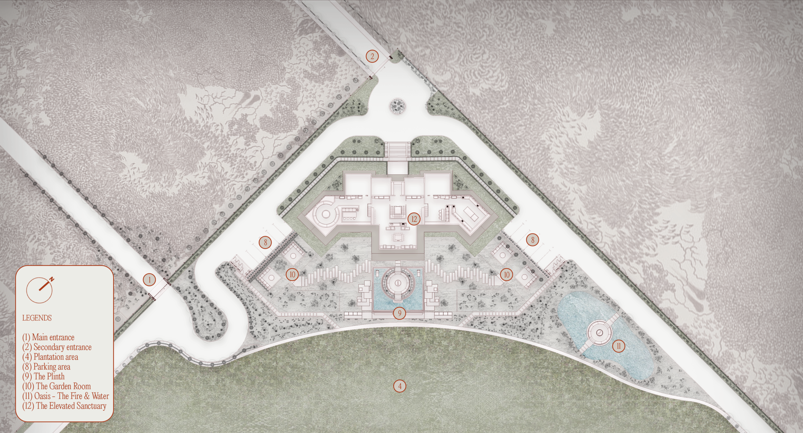 Palms Farm enlarged landscape plan showing water harvesting oasis zone and planting strategy