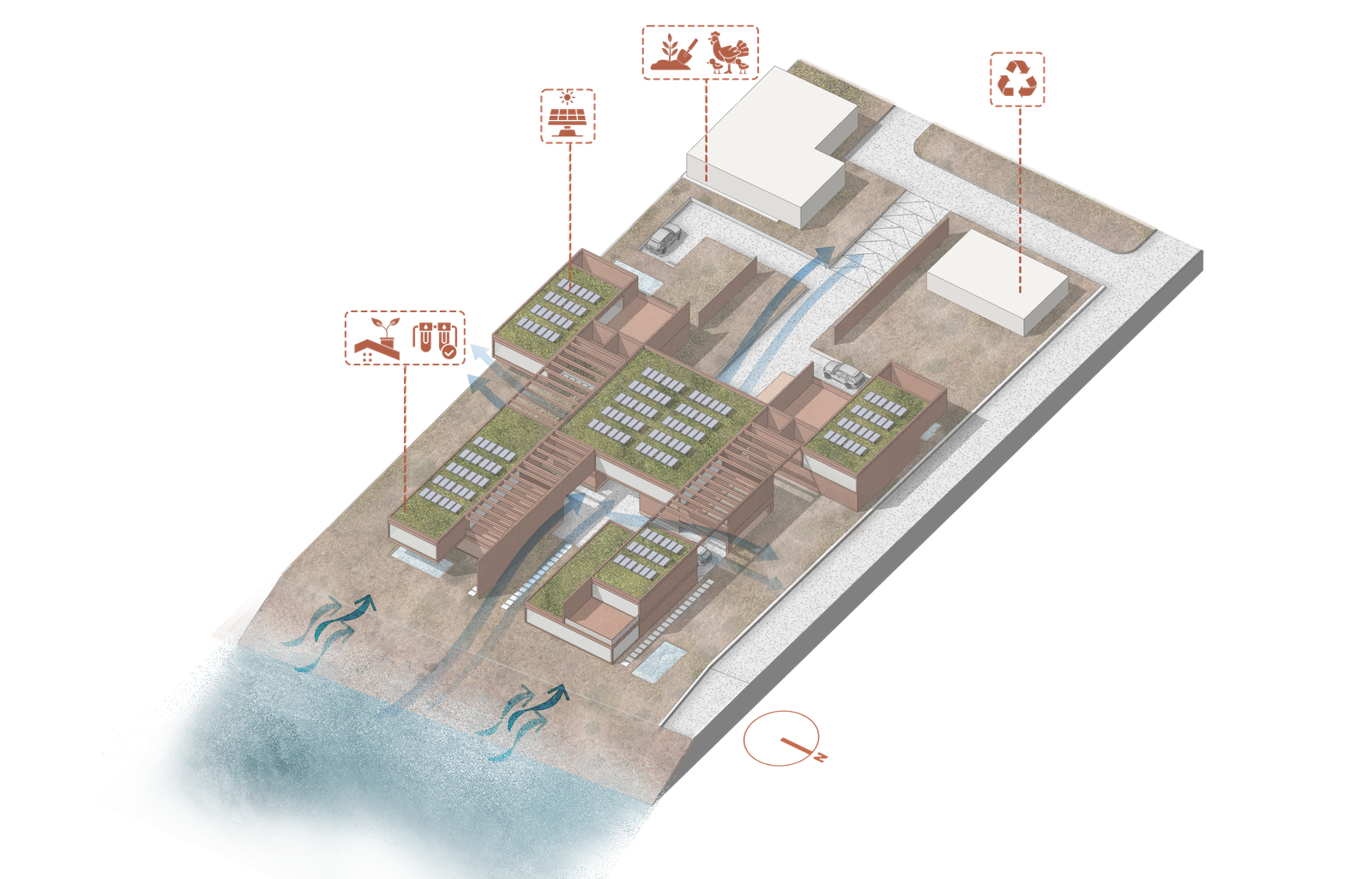 Breathing villas axonometric diagram showing stacked coastal housing massing